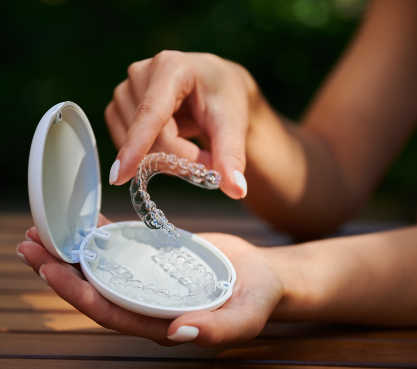 Clear aligner tray in its case at Central Dental Group